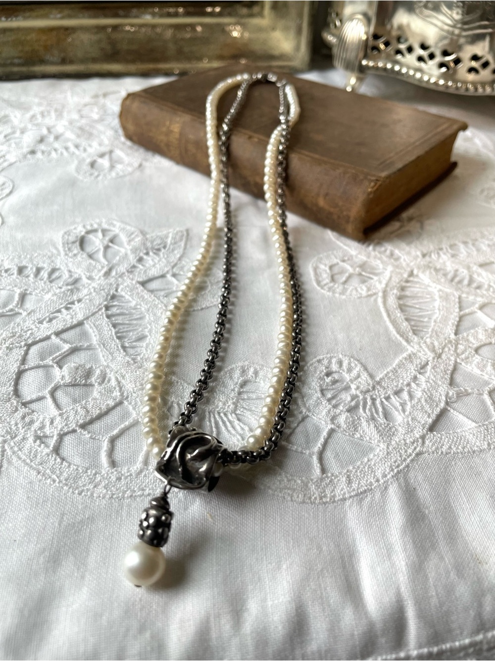 Vintage sterling silver chain & pearl necklace - Picture 2 of 7